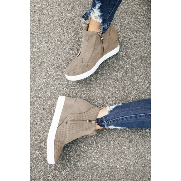 Tegan | Faux Suede Pinhole Wedge Sneakers | Taupe - Picture 4 of 4